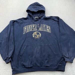 Vintage Time Out Finger Lakes Hoodie Navy Blue Oversized Cotton Mens L USA Made